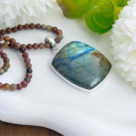 Southwest Pure Sterling Silver 925 Flash Labradorite Pendant Jasper Necklace - Picture 4 of 9
